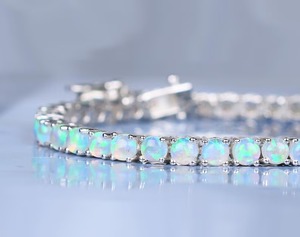 92.5 Sterling Silver Christian Tennis <b>Opal</b> <b>Bracelet</b> Rhodium Plated Round Cut Link for Wedding Party Gift - Product Image 3