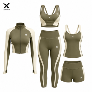 Ensemble de yoga 5 pièces pour femme X Sports City, dos nageur, taille haute, longueur intégrale, sans couture, couleur unie, tenue d'entraînement avec bande latérale, OEM - Product Image 1