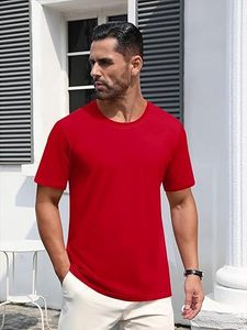 เสื้อยืดคอกลมแขนสั้นผู้ชายแบบลำลองทรงปกติสีทึบสีแดง 2027 - Product Image 2