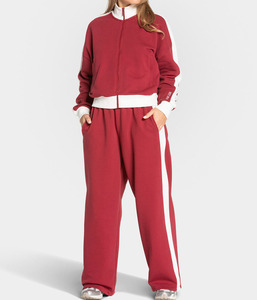 <b>Women's</b> Burgundy Sweatpants Custom Wide Leg Pants Side <b>Stripe</b> Sporty Cotton made high gsm best for winter - Product Image 1
