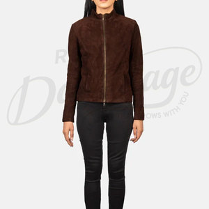 Women Dark Brown Genuine <b>Suede</b> Leather Biker <b>Jacket</b> Slim Fit Premium Goat <b>Suede</b> Casual Winter Outerwear Fashionable Coat - Product Image 3