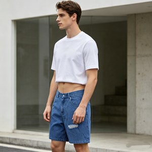 Pantalones Cortos Bermuda de Mezclilla Azul para Hombre, Desgastados, de Cintura Media, con Botones, Casuales, de Algodón Tejido - Product Image 2