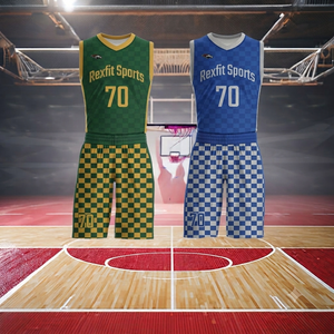 Conjunto de Camiseta de Baloncesto Rexfit Deportiva Verde y Azul a Cuadros 70, Cuello en V, Sin Mangas, Transpirable, de Poliéster, Unisex para Adultos - Product Image 1