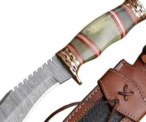 Couteau d'extérieur artisanal en acier Damas, manche en os vert, garde en laiton, étui en cuir - Product Image 2