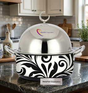 Casserole isotherme moderne en acier inoxydable, design damas arabe, plat de service avec couvercle en forme de croissant, pour le Ramadan, les fêtes à domicile et les buffets - Product Image 5