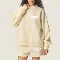 Conjunto Corto de Felpa 100% Algodón para Mujer, de la Mejor Calidad, para Todas las Estaciones, con Cuello Redondo, Logotipo Personalizado, Parches Vintage Sólidos y Patrón de Alta Calidad