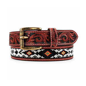 Luxury Western Style Red Floral Hand Tooled Grain Leather <b>Belt</b> for Men & <b>Women</b> with Black <b>White</b> Geometric Beadwork - Product Image 1