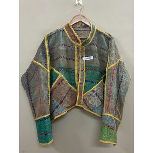 Veste Kantha Premium à Col Mandarin et Patchwork, Manches Chauve-Souris, en Coton Non Tissé Écologique à Séchage Rapide, pour Femme, Collection Automne - Product Image 2