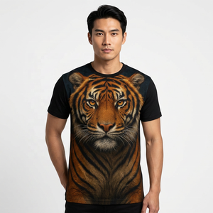 เสื้อยืดแขนสั้นลายเสือสำหรับผู้ชาย ทรงโอเวอร์ไซส์ คอกลม ลวดลายสัตว์ ผ้าถักไหม/ฝ้าย แห้งเร็ว ระบายอากาศได้ดี - Product Image 4