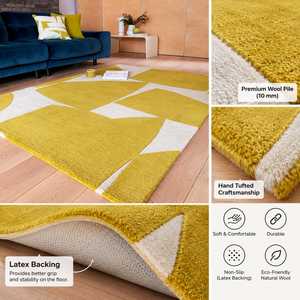 Alfombra Moderna Premium de Lana de Nueva Zelanda, Diseño Geométrico Abstracto, Hecha a Mano, Pelo Medio, Base Antideslizante de Látex, Color Amarillo Mostaza Marfil, para el Hogar - Product Image 4