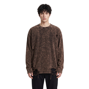 เสื้อยืดแขนยาวผู้ชายไซส์ใหญ่ สไตล์ดิสเทรส สตรีทแวร์ ผ้าฝ้าย 100% คอกลม ไหล่ตก - Product Image 6