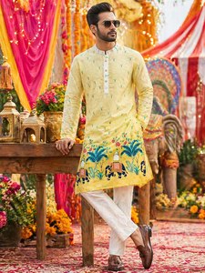 AARIKA TEXTILE Luxury Pure Silk Quick Dry <b>Kurta</b> Set Heavy Crochet Sequence Work Digital Print Traditional Festive Wedding <b>Mens</b> - Product Image 2
