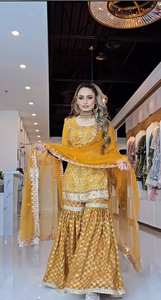 Ensemble Sharara en Soie Jaune Moutarde 2026 avec Broderie Lourde Zari et Paillettes, Style Bollywood, Trois Pièces, Tenue de Soirée Indienne et Pakistanaise - Product Image 2
