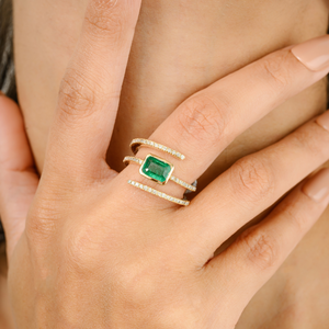 14K Solid Gold Octagon Emerald and Diamond Spiral Ring for Women - Product Image 3