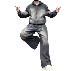 Ensemble de survêtement homme oversize teint en pièce, sweat à capuche zippé et pantalon de jogging, couleur unie, coupe décontractée ample, pour l'automne - Product Image 1