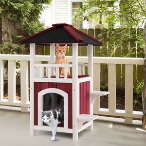 Casa del gatto in legno a 2 piani con tenda a pioggia e tetto in asfalto balcone mobili per animali domestici - Product Image 2