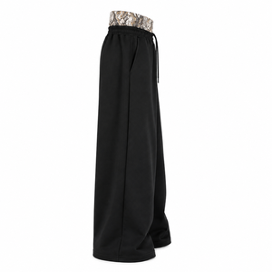 Pantalon large noir pour femme, taille mi-haute, cordon élastique, coupe ample, décontracté, longueur intégrale, tricoté 100% coton, style hiver - Product Image 2