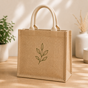 Sac de courses en jute de taille moyenne avec motif de feuilles brodé et poignée supérieure - Product Image 1