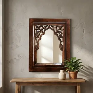 Miroir mural Jharokha en bois sculpté à la main noir antique, cadre de miroir décoratif au design arqué traditionnel pour la maison et la chambre - Product Image 5