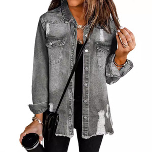 Chaqueta vaquera informal holgada para mujer, nueva moda, con efecto lavado y desgastado, con cuello vuelto - Product Image 2