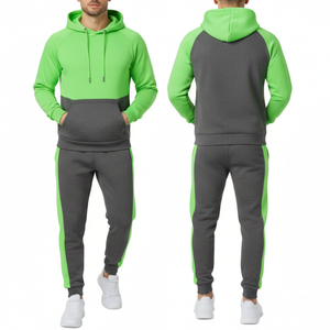 Chándal personalizado gris y verde neón para hombre - Sudadera con capucha raglán de bloques de color y pantalón deportivo con franja lateral en contraste - Product Image 3