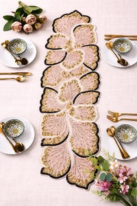 Embroidered Floral Table <b>Runner</b> Pink Gold Navy Luxury Home Decor <b>Washable</b> - Product Image 3