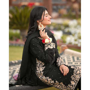 HK Designer Indian & Pakistani Black <b>Clothing</b> Embroidered Top-Bottom and Dupatta with <b>Riveted</b> Moti Work Size L - Product Image 6