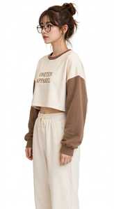 Sudadera Corta Unisex ONETEN en Color Beige y Marrón con Bloques de Color, Cuello Redondo, Manga Larga, Estilo Holgado, para Otoño - Product Image 4