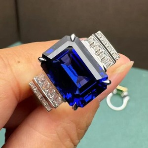 Women's 925 <b>Silver</b> Cocktail <b>Ring</b> With <b>Emerald</b> Cut Sapphire And Diamond Accents Prong Setting Classic Engagement Style - Product Image 6