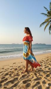 Robe de plage asymétrique aux couleurs vives, à manches bouffantes, col en V, taille naturelle, écologique, style bohème, pour les vacances d'été - Product Image 4