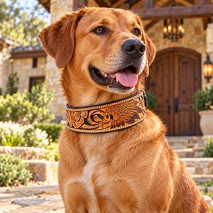 Collar de cuero repujado con plumas de calavera para perro, acolchado, estilo western, tallado a mano |   Collar Canino Ajustable de Alta Resistencia con Hebilla - Product Image 3