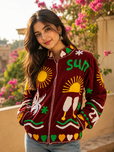 Hand Embroidered Corduroy <b>Jacket</b> <b>Mandarin</b> <b>Collar</b> Full Sleeve Zipper Closure Summer Vacation Style Women's <b>Jacket</b> - Product Image 2