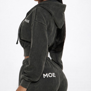 Conjunto Deportivo Corto con Cremallera para Mujer, Pantalones Deportivos de Felpa de Algodón Lavado Vintage, Sudadera con Capucha Estilo Urbano, Logotipo Personalizado, Suministro al por Mayor OEM - Product Image 2