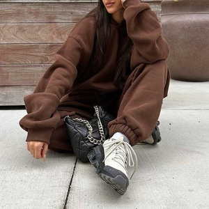 Ensemble de survêtement marron oversize pour femme, sweat à capuche ample et pantalon de jogging baggy, tenue de détente en molleton doux deux pièces - Product Image 3