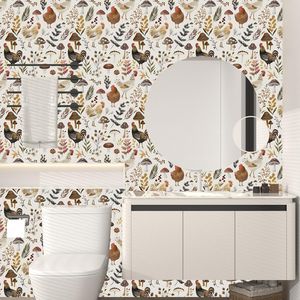 Papel Tapiz Autoadhesivo con Diseño de Gallo de Granja Beige, 17.5 x 118 Pulgadas, Papel de Contacto Removible con Diseño Floral, de Hojas y de Hongos, Mural de Estilo Pastoral - Product Image 5