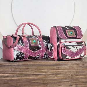 Super September Real Hair on Cowhide Leather <b>Tooled</b> Floral 2 Piece Matching Luggage <b>Set</b> Travel Weekender Duffel & Backpack Bag - Product Image 2