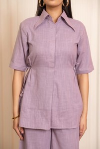 Womens Solid Long 2-Piece Cotton Blend Co-Ord <b>Set</b>-Button Loose Shirt & Wide-Leg Pants - Product Image 2