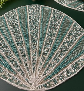 Sparkling Teal Beaded Shell Placemat Scallop Shape Handmade Decorative Table <b>Mat</b> Premium Quality Wedding Party Dining Decor - Product Image 1