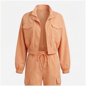 Ensemble de combinaison décontractée 2 pièces en coton orange pour femme avec taille à cordon et poches, coupe ample, manches longues, couleur unie, collection printemps - Product Image 1