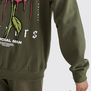 Men Olive Green Hooded Tracksuit <b>Set</b> With Pink Rose Print Casual Full Length Cotton Sweatshirt And Pants - Product Image 5
