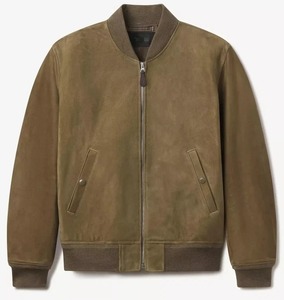 Men’s Genuine Tan <b>Suede</b> <b>Leather</b> Bomber Biker <b>Jacket</b> - Slim Fit - Product Image 1