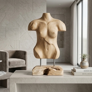 Manekin Woman Stand Handcrafted <b>Wooden</b> Torso Sculpture <b>Rustic</b> Tabletop Decorative Artwork Metal Stand Home Decor Display Accent - Product Image 3
