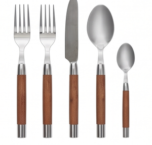 Ensemble de couverts en acier inoxydable avec manche en bois, design minimaliste, compatible lave-vaisselle, pour le camping et l'extérieur - Product Image 1
