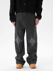 Jean en denim coupe droite pour homme, broderie à pois et sequins, coupe ample, style streetwear, coton mi-lourd, style automne - Product Image 3
