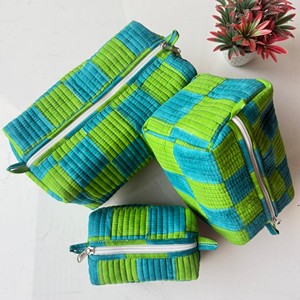 Modern Geometric Corduroy Cosmetic <b>Toiletry</b> <b>Bags</b> Set with Zipper Closure Multi-Function Green Blue Patterned Pouches - Product Image 6