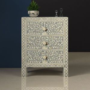 Meuble de rangement en bois avec tiroir latéral en os incrusté, artisanal, décoratif, fait main, pour chambre à coucher - Product Image 3