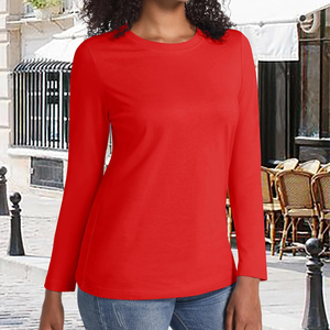 Camiseta de Manga Larga Roja para Mujer, Cuello Redondo, 100% Algodón Jersey, Tejido Casual, Color Sólido, Transpirable, Corte Ajustado, Anti-Pilling - Product Image 6