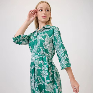 <b>Three</b> Quarter Sleeves Midi Hot Sale Vintage Elegant Printed Formal Party Green Floral Print Eco-Friendly Loose Turn-down Collar - Product Image 1