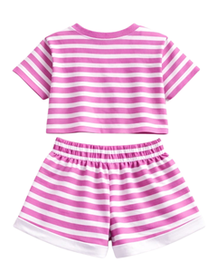 Ensemble crop top et short rayé rose et blanc personnalisé pour femme – Tenue décontractée d'été deux pièces avec taille élastique – Vêtements de détente et streetwear OEM - Product Image 4