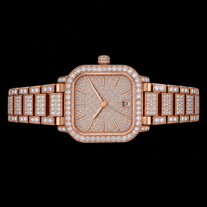 Montre-bracelet de luxe en acier inoxydable avec diamant moissanite carré or rose, collection de bijoux de mode hip-hop haut de gamme G - Product Image 2